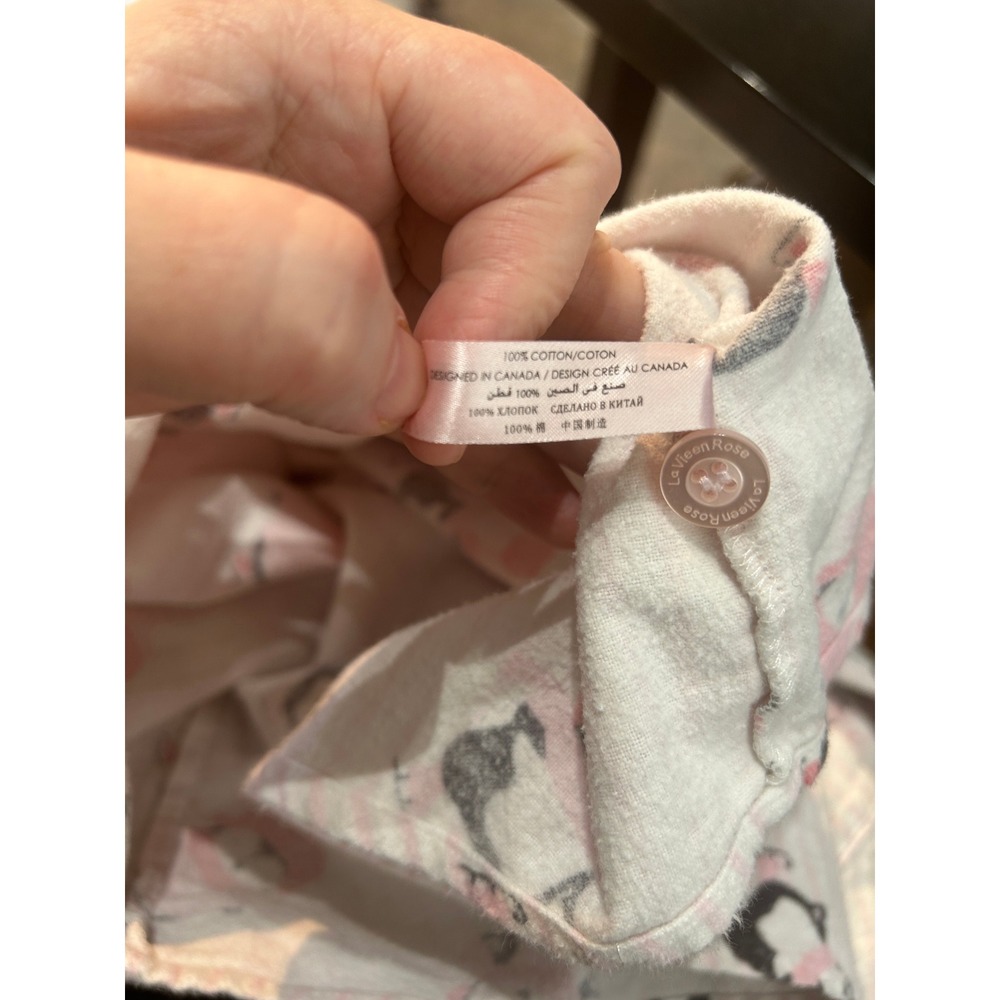 La Vie En Rose Pink Penguin Flannel Pajama Set Sz L Cotton‎ Button Down Cozycore - Picture 9 of 9